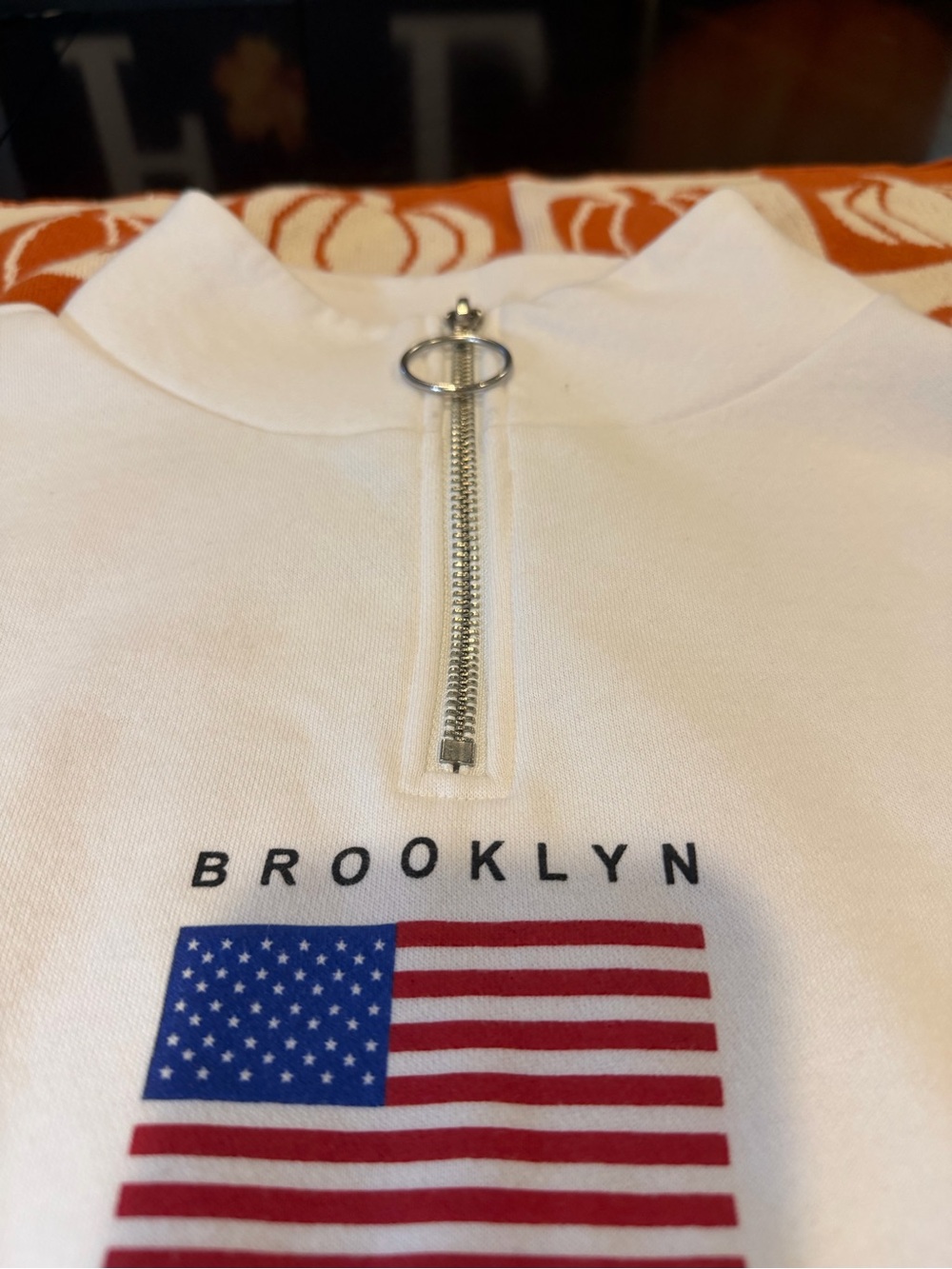 Divided White Sweatshirt with American Flag and Ring-Zip S